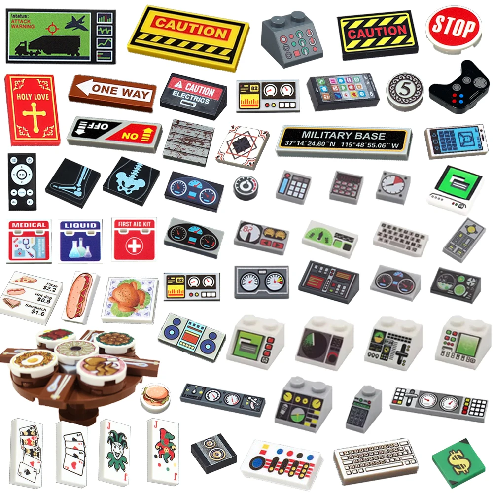 MOC City Print Building Blocks Computer Monitor Audio Keyboard Phone Food Pizza Wall Brick Dollar Coin Poker Card Toys Gift K059