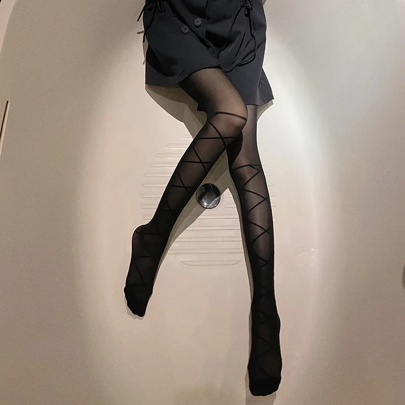 

Fashion Personality Fake Lace-Up Jacquard Women's Pantyhose Sexy String Winding Effect Lolita Spice Black All-Match Hot Tights