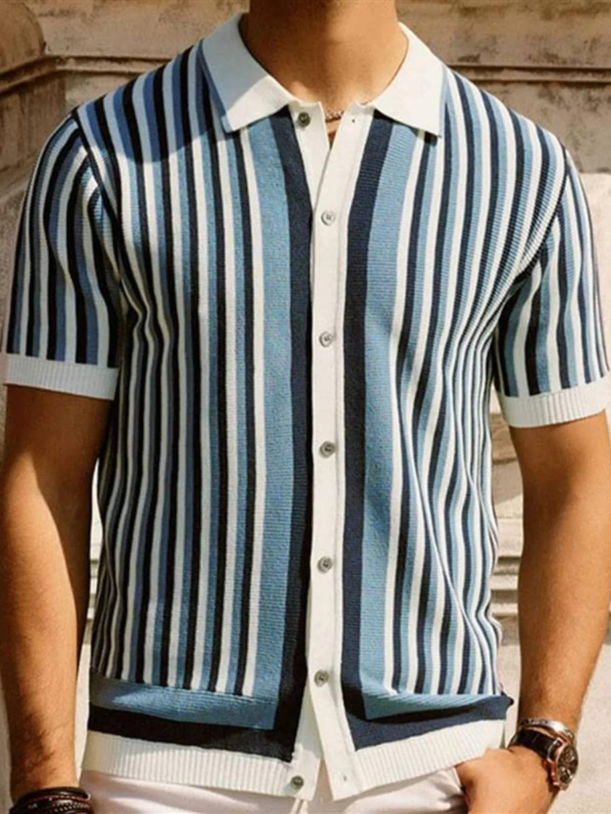 

Men's Business Casual Striped Shirt Ice Silk Knitted Summer Thick Short Sleeve Modern Style Comfort Fit Top