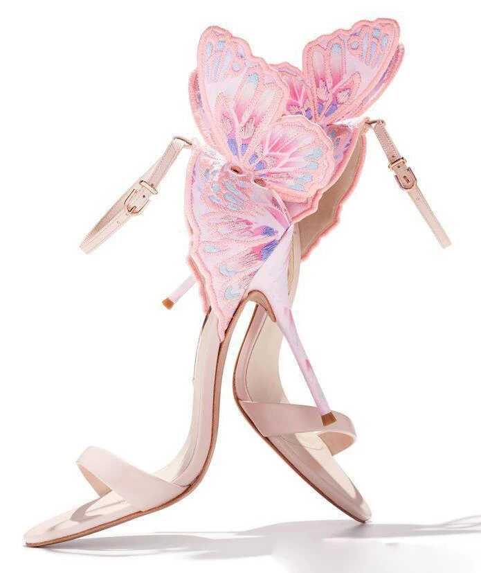 Sweet Pink Embroidery Butterfly Angel Wing Sandals Luxury Wedding Pumps Women Thin Heels Ankle Wrap Thin Heels Shoes