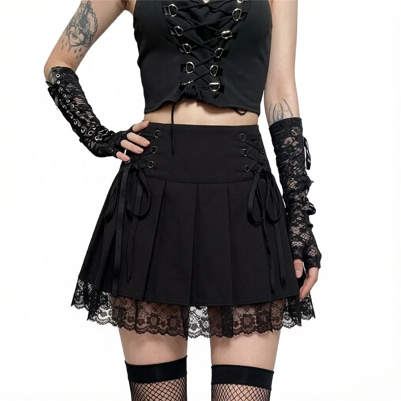 Pure Desire Lace Trim Pleated A-Line Skirt Women Summer Spicy Girl Design Sense Knot Half Body Skirt