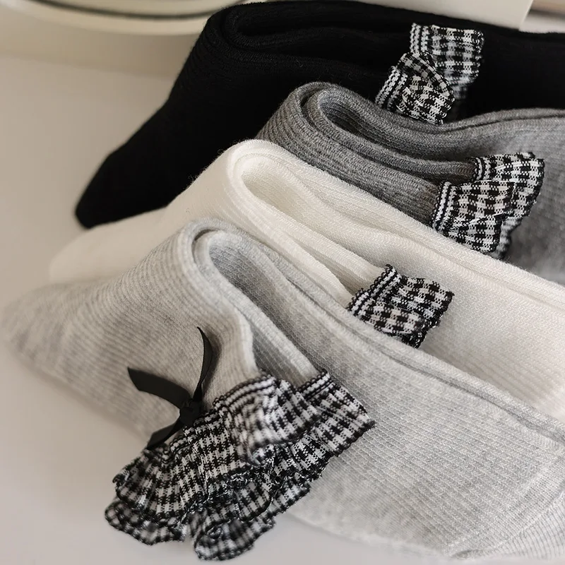 Socks Women's Spring and Summer Plaid Lace Socks Cotton Breathable Sweat-absorbing Sweet Bow Short Women's Socks Ballet Style