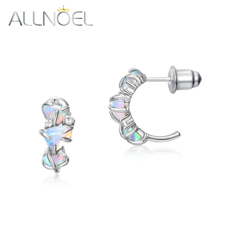 ALLNOEL Real 925 Sterling Silver Stud Earrings Women C hoop Colorful Opal Unique Stylish Anniversary Party Gift Fine Jewelry