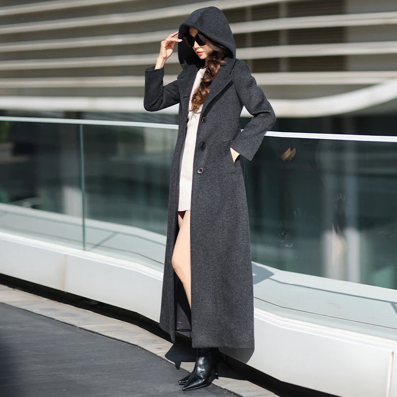 

Deep Grey Hooded Woolen Coat Street Style Thickened Autumn Winter Fashion Slimming Long Coat MN076 for Daily Wear