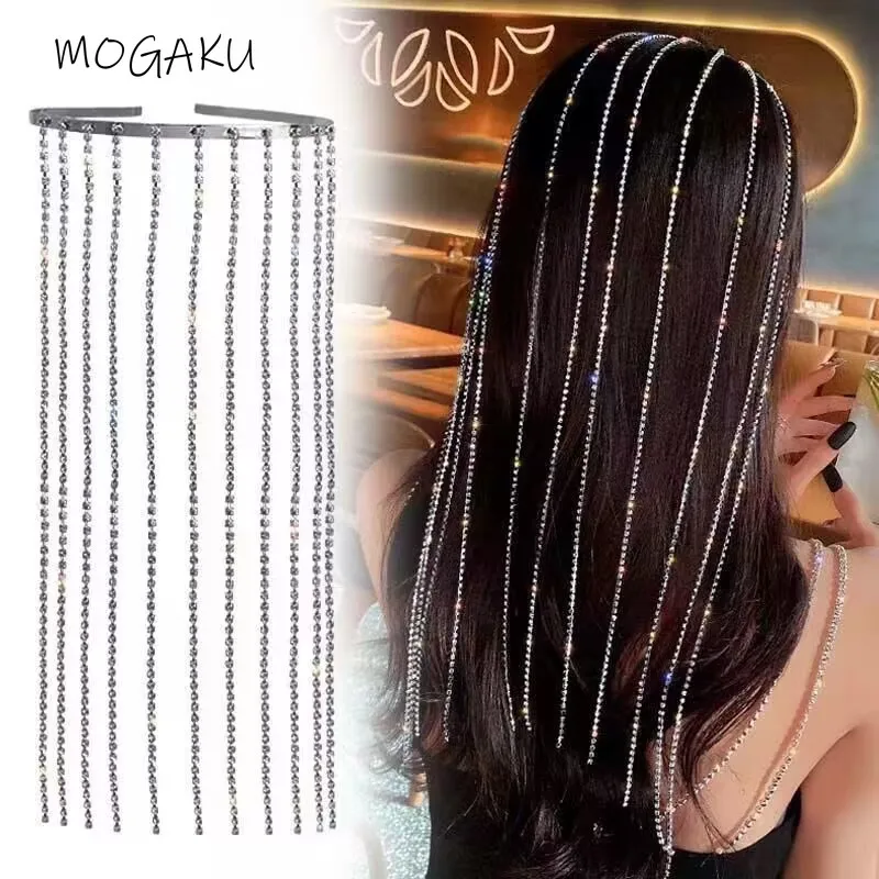 

MOGAKU Fashion Tassel Hair Headpiece Women Long Metal Chain Hair Hoops Ladies Hair Jewelry Silver Color Headbands Accessories