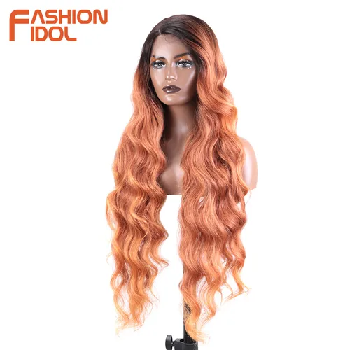 Imagen 2 del producto FASHION IDOL-pelucas frontales de encaje ondulado súper largo para mujer, pelucas sintéticas de Cosplay para mujer, pelucas de encaje con parte lateral de fibra ondulada naranja, 36 pulgadas