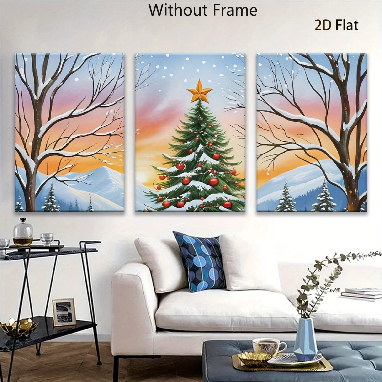 2D Flat, 2D Flat, 2D Flat 3-Panel Winter Snowscape Starry Sky, Pine Trees And Christmas Tree Art Decor Paintings, Wall Art Ca