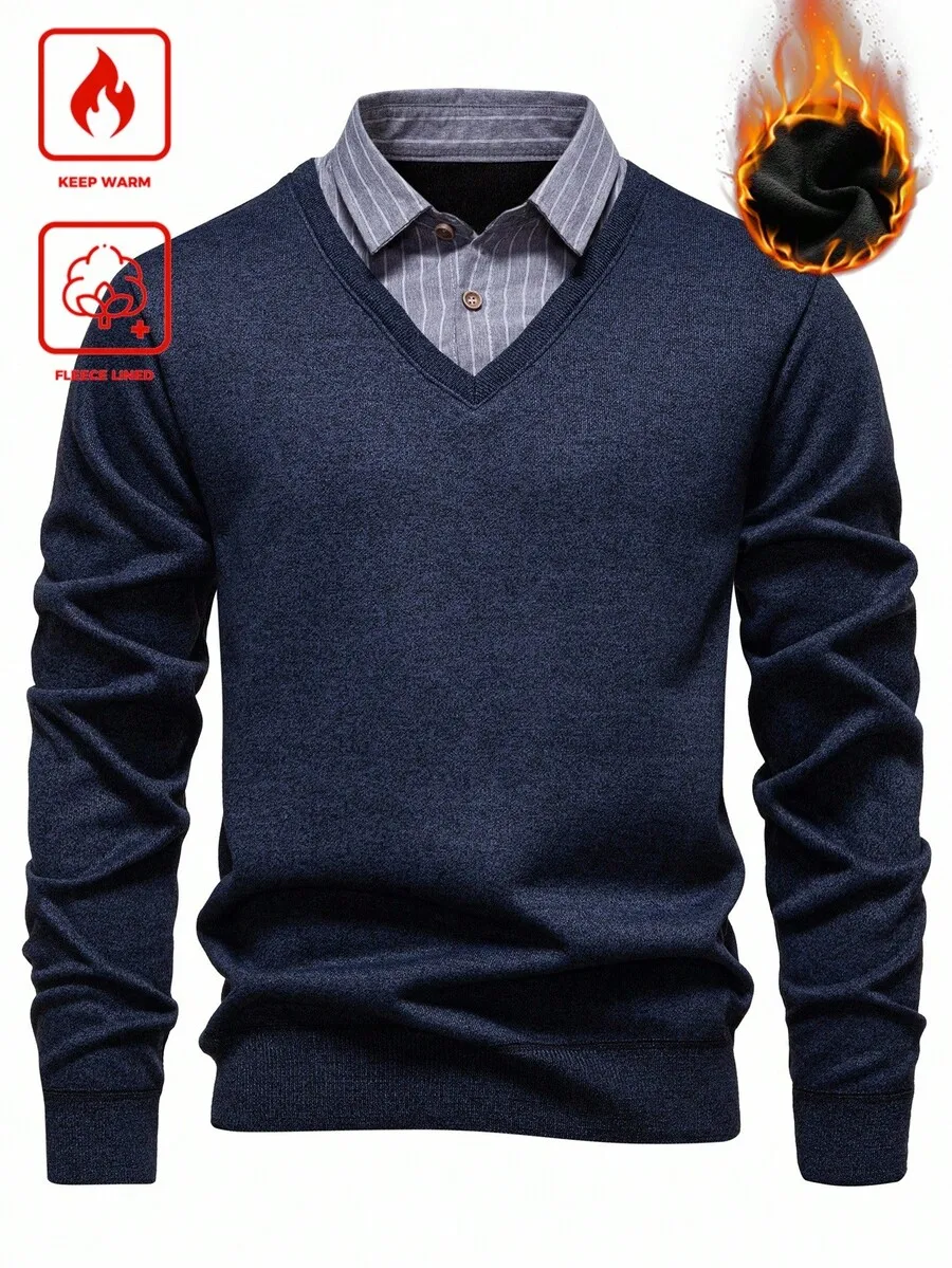 Men's Thermal-Lined V-Neck Sweater with Striped Collar and Cuffs, Casual Winter Wear