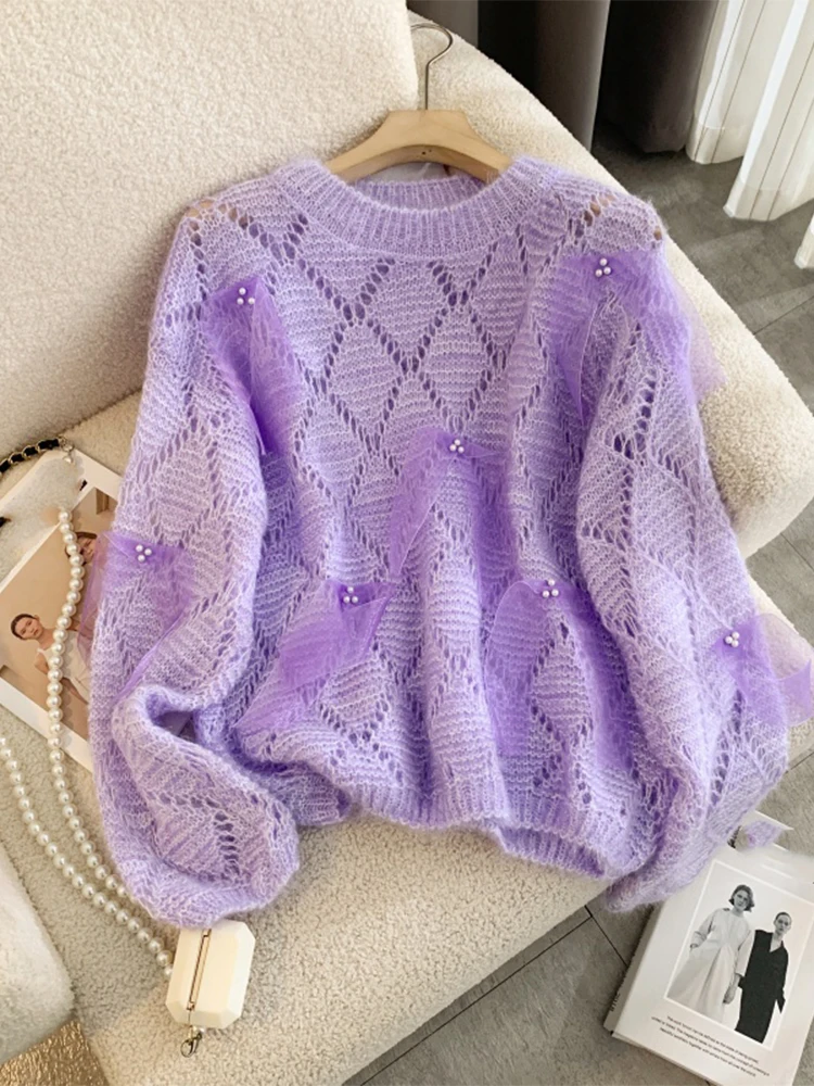 Women's Purple Pullover Sweater Harajuku Korean Y2k Long Sleeves Hollow Out Checked Sweaters Jumper Vintage 2000s Clothes 2024