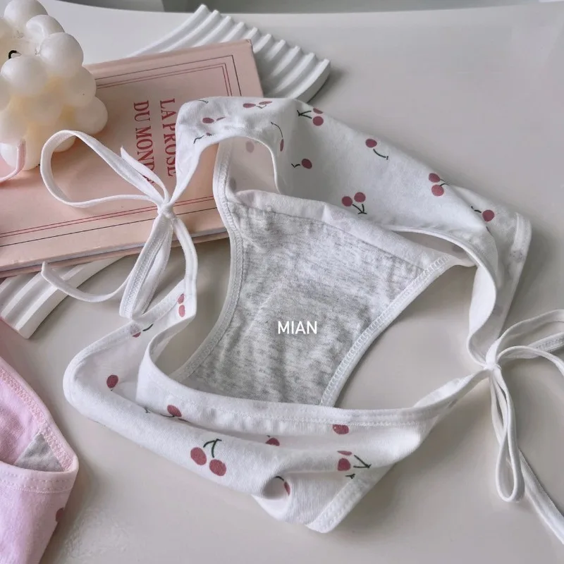 Lolita Sweet Cherry Pattern Cotton Panties Women Sexy White Pink Lace Up Strap Underwear Soft Low Waist Briefs Anime Maid Thongs - Image 4