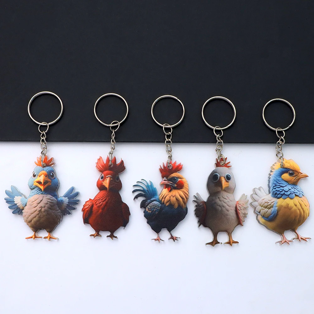 Creative Christmas Rooster Keychain Cartoon Acrylic Chicken Key Ring For Men Car Key Holder Backpack Pendants Home Charm Gifts