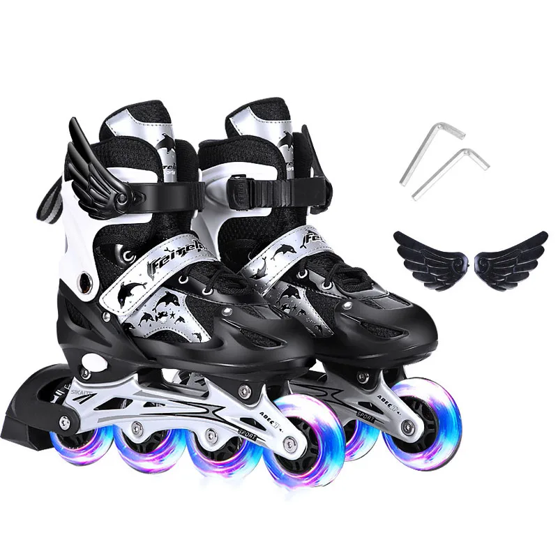 Ice Black Roller Skates Children's Adjustable Boys' Retractable  Skating Shoes Set 8-12 Years Old Pulley illuminated