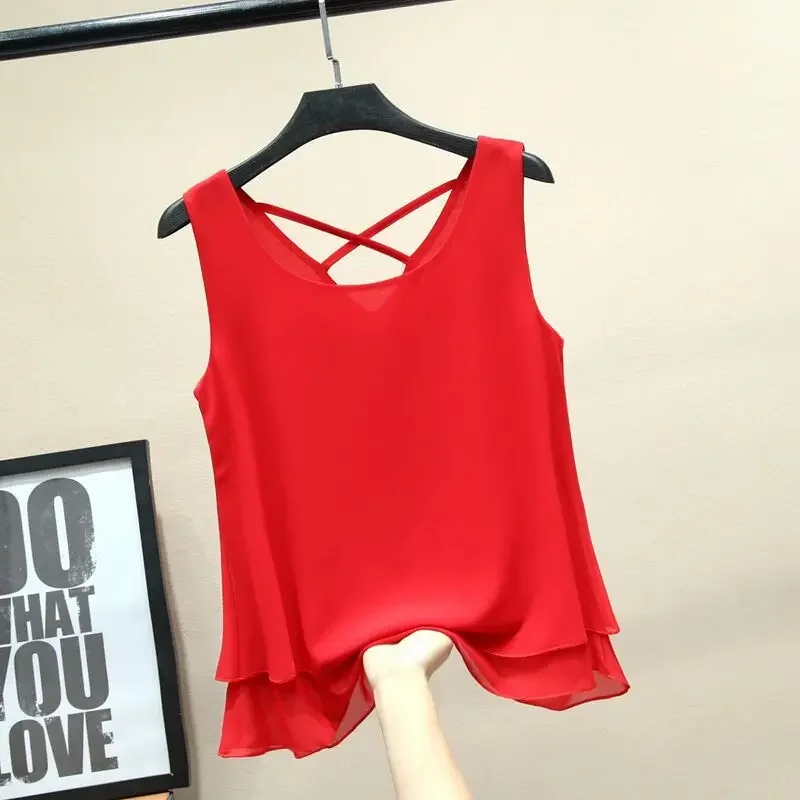 

Fashion Women Summer Chiffon Blouse Shirt Solid Cross Strap Blouse 6XL Backless Women Clothing Casual Sleeveless Shirt Oversized