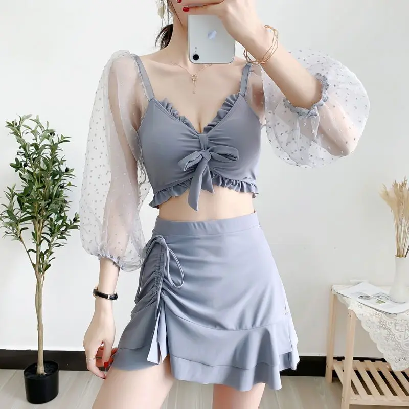 Korean Fashion Solid Color Slim Two-Piece Swimsuit Women\'s Clothing Summer 2023 Ruffles Spliced Casual Swimwears for Female