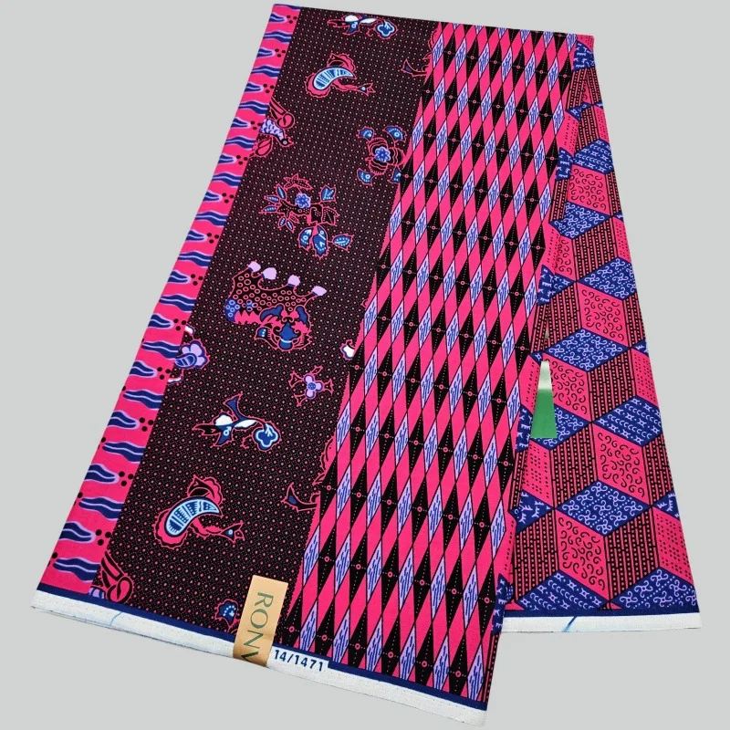 

6Yards Long Pink Cotton African Wax Fabric with Geometry Printing for Sewing Dress Sofa Curtain Tablecloth 120CM Wide R2786