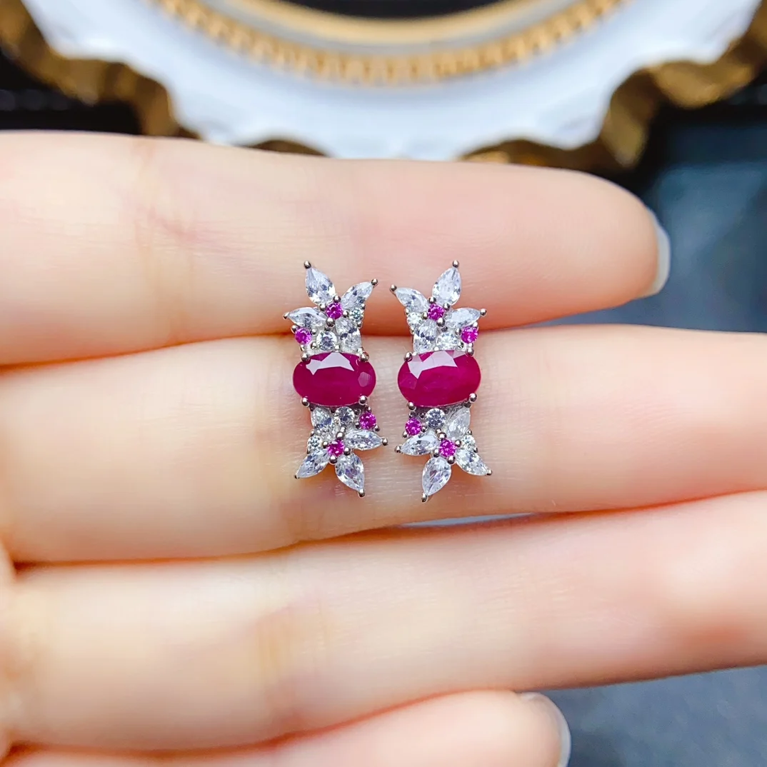 

FS 4*6mm Natural Ruby Earrings S925 Sterling Silver Fine Fashion Weddings Jewelry for Women MeiBaPJ With Certificate