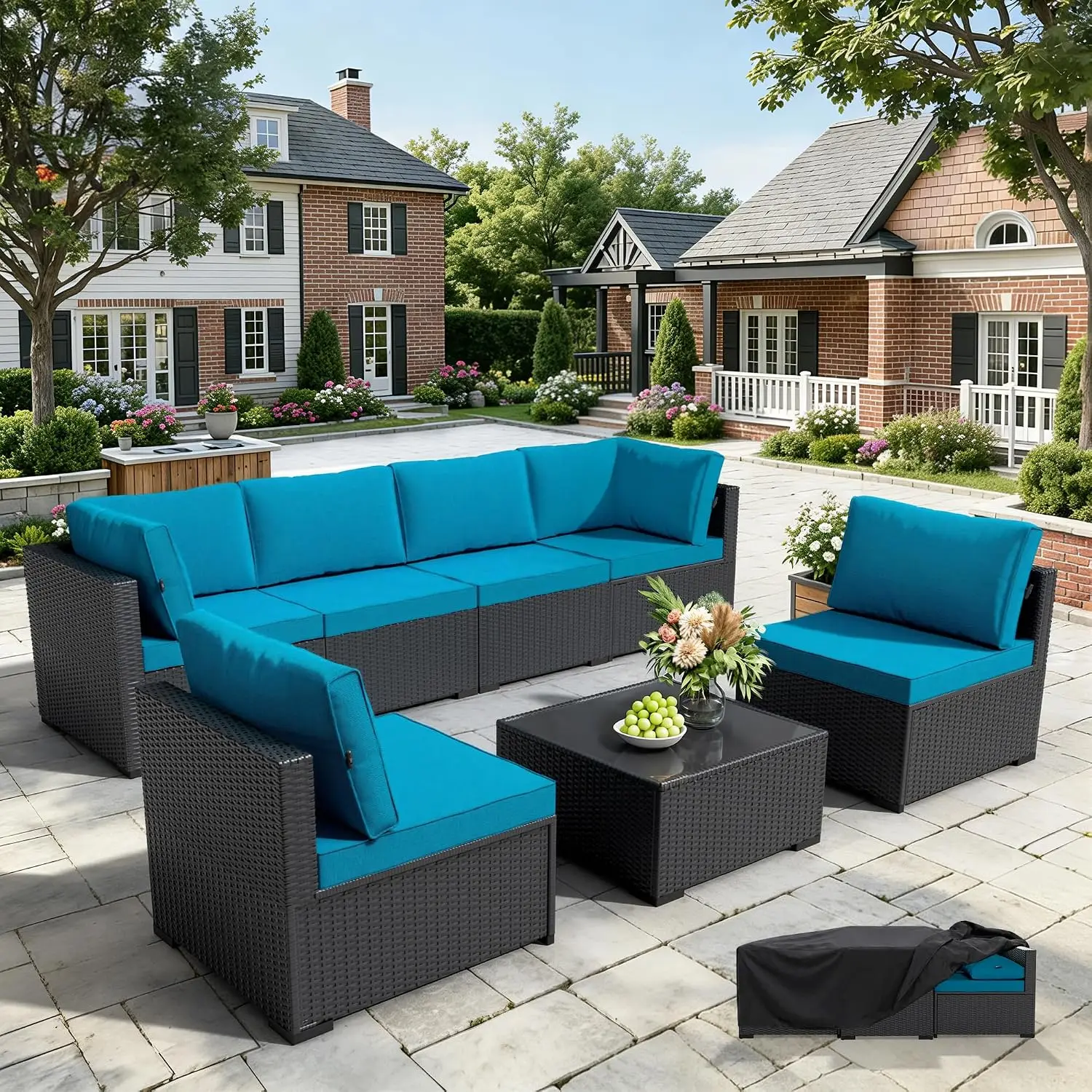 All-Weather Wicker Rattan Patio Furniture Set, Modular Sectional Sofa for Backyard Garden Poolside Balcony, Black/Blue, Customiz