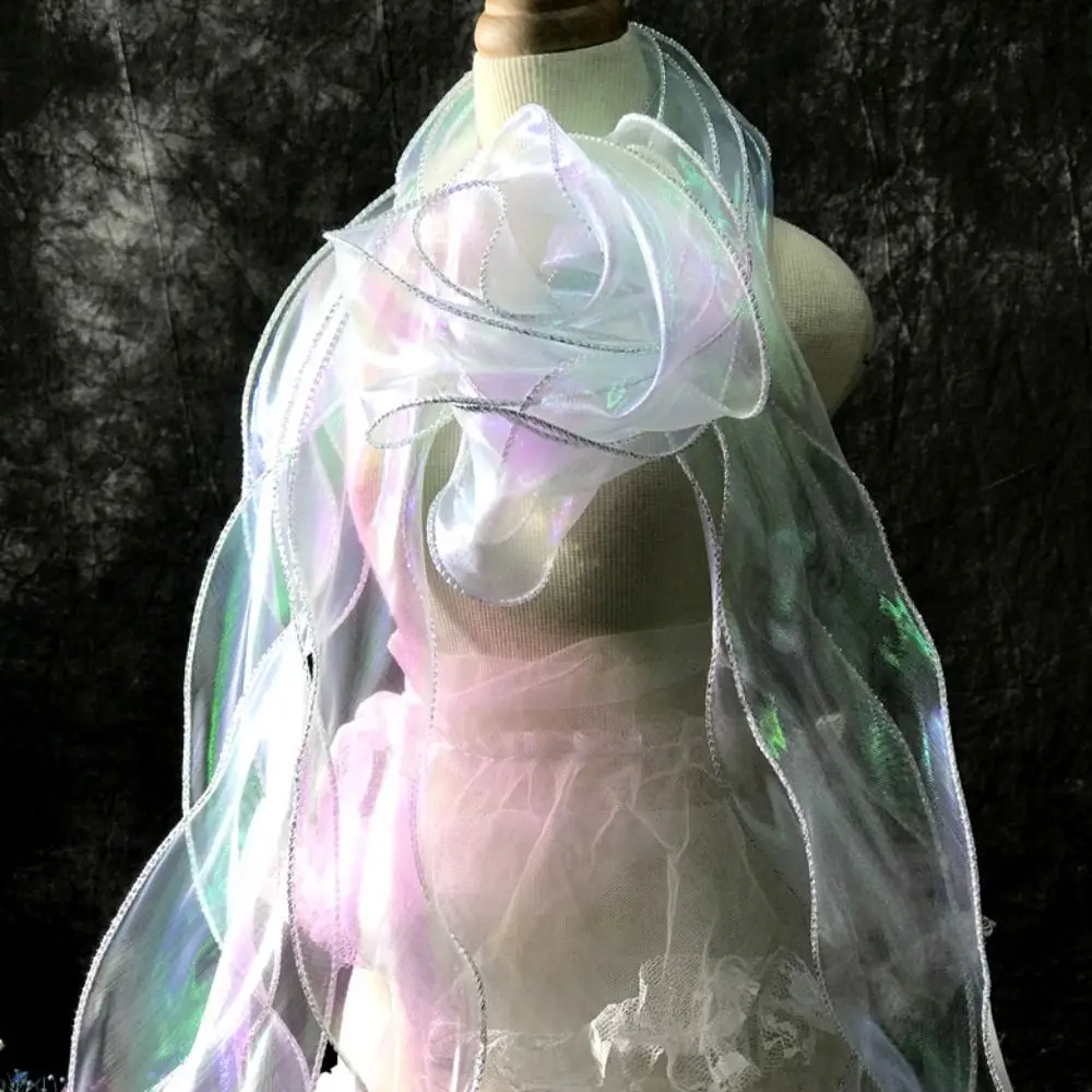 

1M Mermaid Silver Silk Transparent Illusion Waves Laser Gradient Lace Water Wave Ruffles Handmade Fabric Designer Accessories