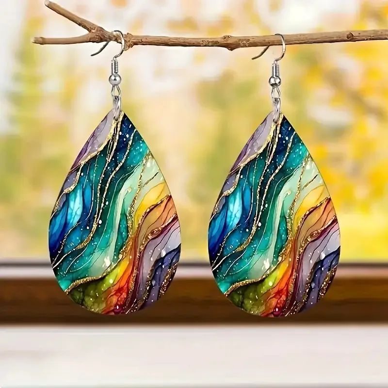 1 pair of colorful water ripple pattern double-sided wooden bohemian style fashion ladies earrings gift