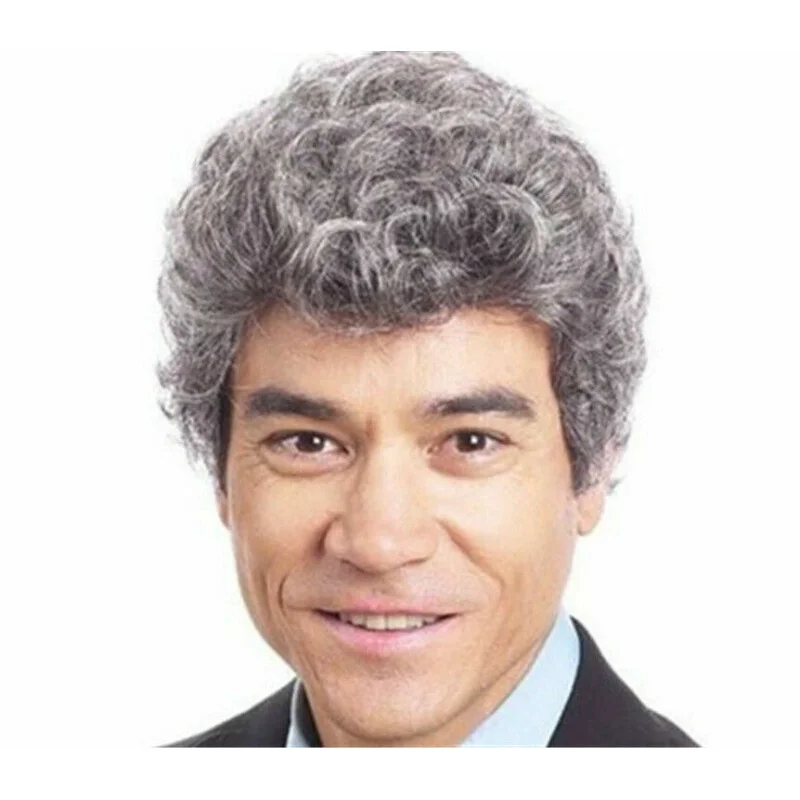

Hot Men Short Grey Mix Curly Fashion Male Cosplay Daily Party Hair Full Wig