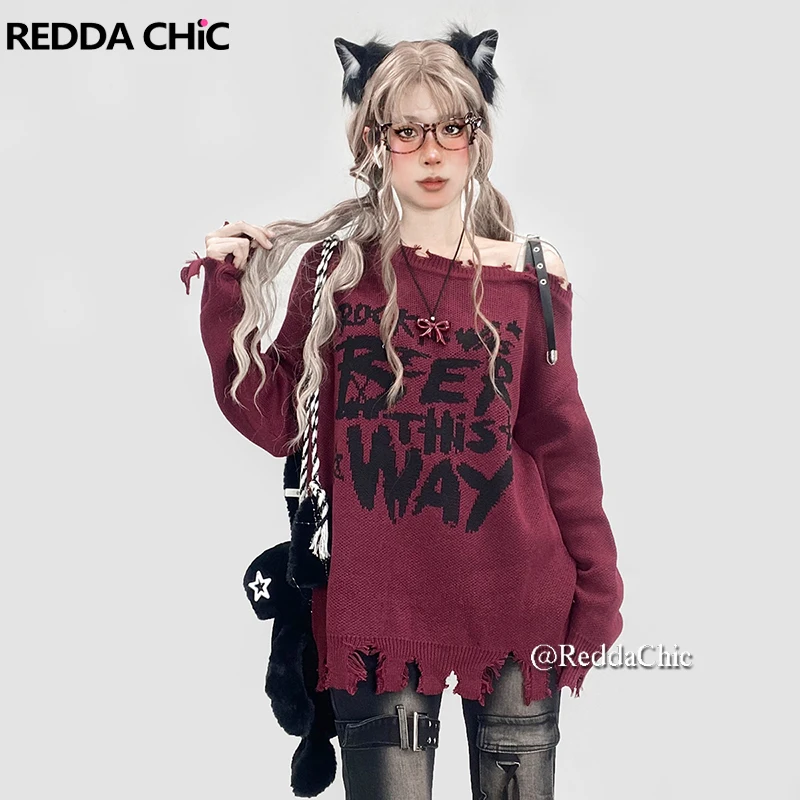 REddachic-レザーベルト付きの女性用オフショルダーセーター、赤、破壊された文字、特大のジャンパー、ニットトップ、パンク、ヴィンテージ服