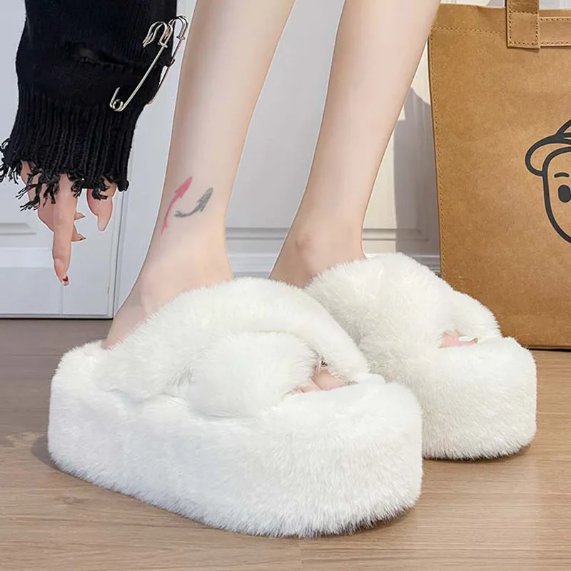 

7cm thick soled plush slippers 2023 new European popular color blocking wool cotton slippers wedge