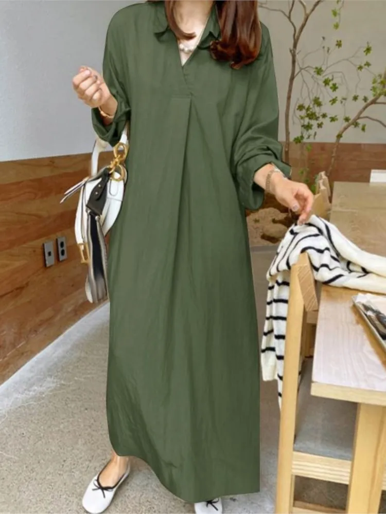 Women's Spring Autumn New Collection Solid Color Collar Cotton Hemp Long Sleeve Loose Casual Long Dress