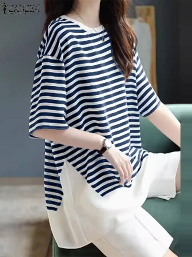 

ZANZEA Korean Harajuku Loose Women Blouse 2024 Autumn Short Sleeve Stripes Tops Casual Round Neck Tunic Holiday Slit Hem Blusas