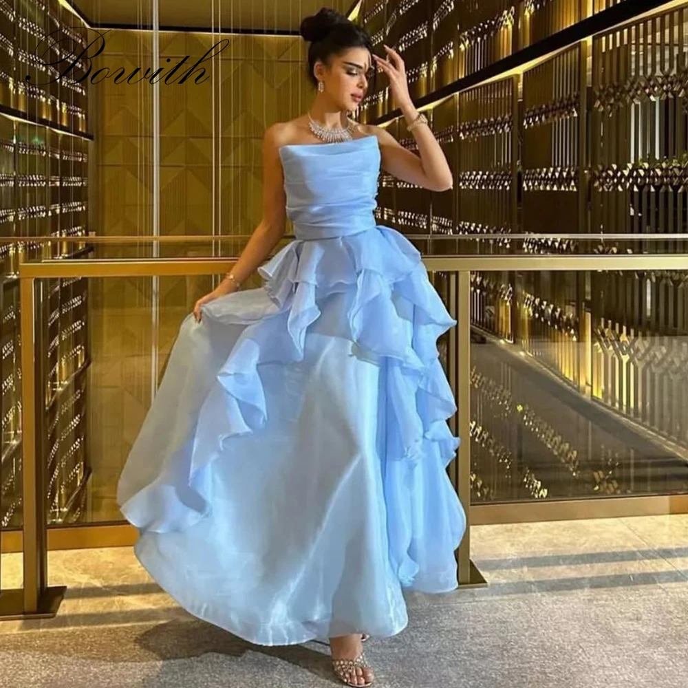 

Bowith Sky Blue Prom Dresses Strapless Ruffled Silk Organza Party Dresses Customized Party Gown Evening Dresses for Women