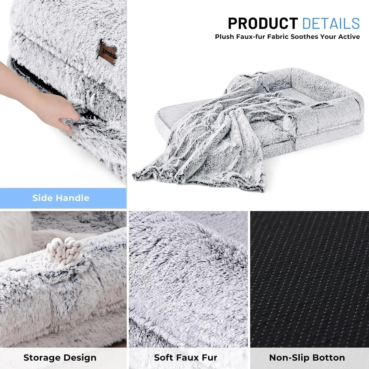 سرير كلب بشري مقاس XL قابل للطي 2 في 1 للأطفال والحيوانات الأليفة، أريكة من إسفنج الذاكرة لتقويم العظام مع بطانية، رمادي