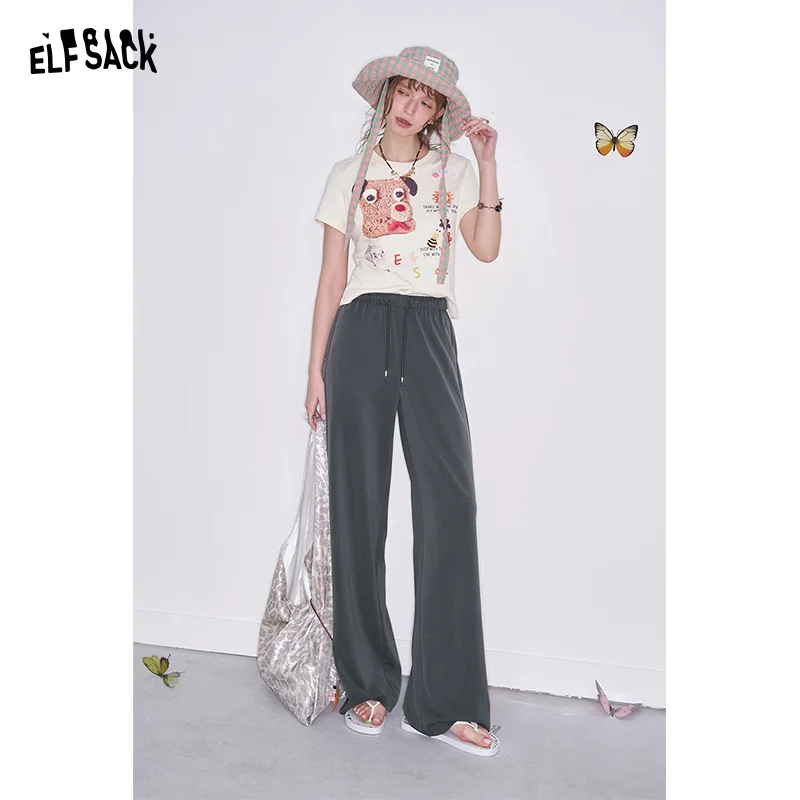 ELFSACK 2025 Spring New Arrivals Y2K Retro Grey High Waist Drawstring Straight Pants Women Loose All-match Sweatpants