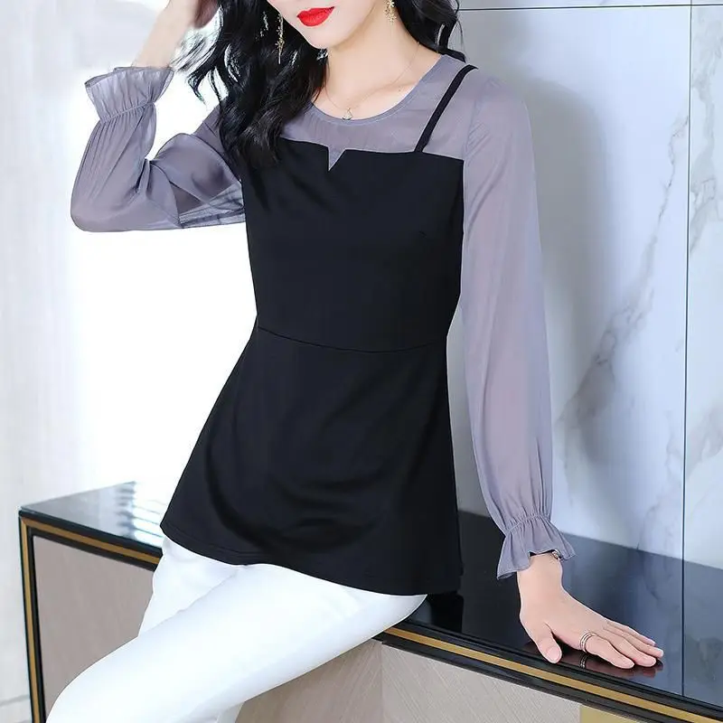 Female Clothing Commute Solid Color Patchwork Blouse Spring Autumn Long Sleeve Fashion Korean Round Neck Slim All-match Shirt