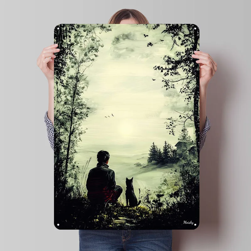 العزلة العتيقة – رجل وكلب في علامات معدنية طبيعية هادئة ملصق عتيق ديكورات المنزل ملحقات بار القهوة ديكور الحائط #1