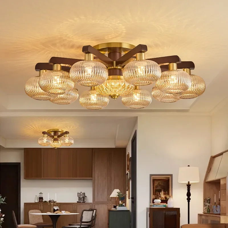 Medieval Style Ceiling Lamp for Living Room American Light Luxury High End Walnut Color Fixture for Dining Room Bedroom