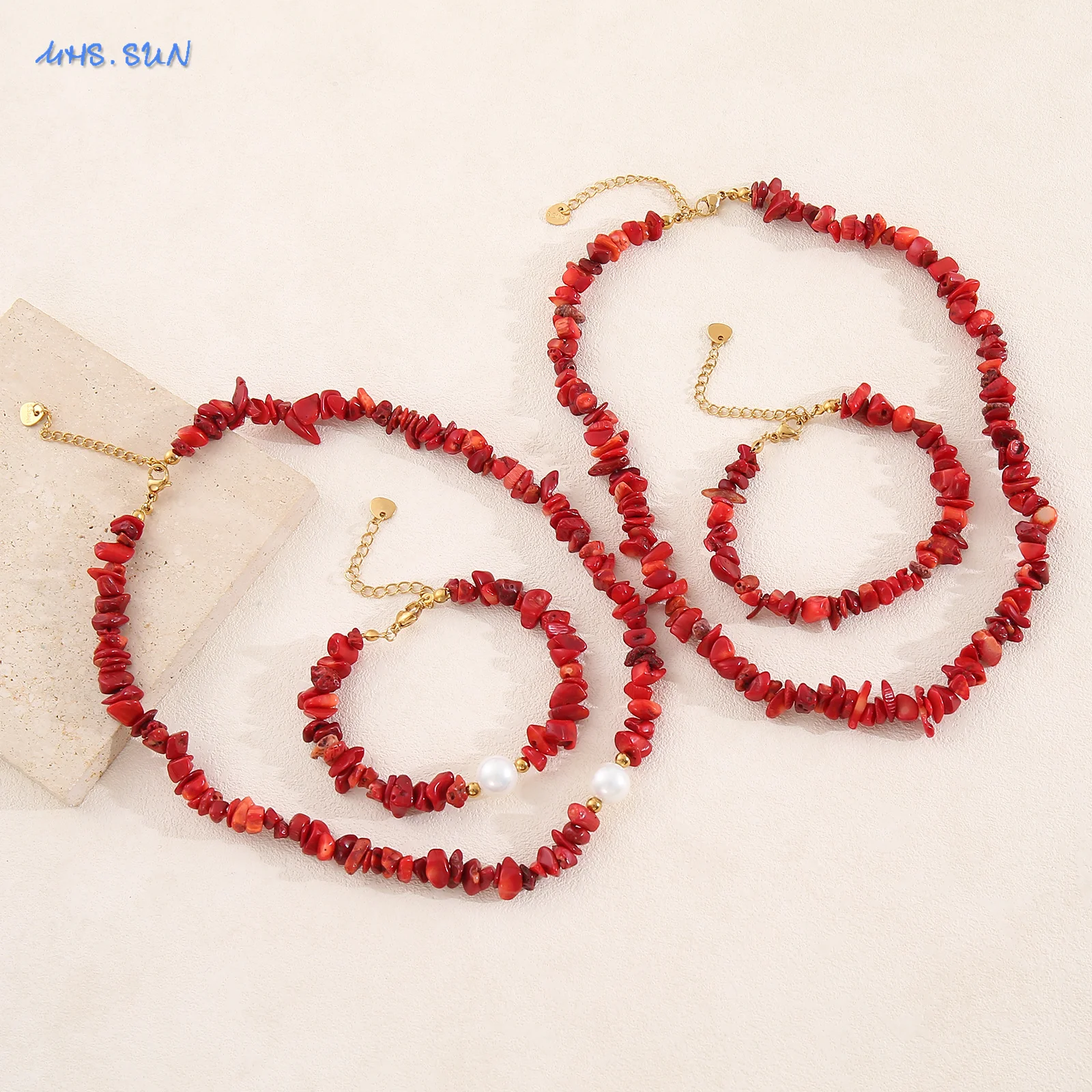 MHS.SUN Fashion Boho Red Gravel Jewelry Set Irregular Coral White Pearl Beaded Necklace Bracelet Women Waterproof Choker Bangle