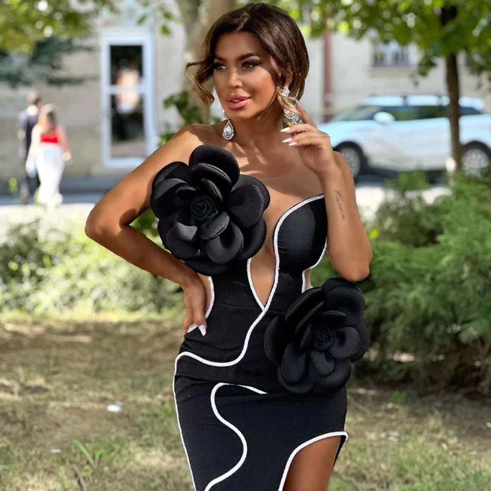 Women's Black Sexy Sleeveless 3D Flower Tight Mesh Asymmetric Long Bandage Dress Elegant Celebrity Party Evening Dress