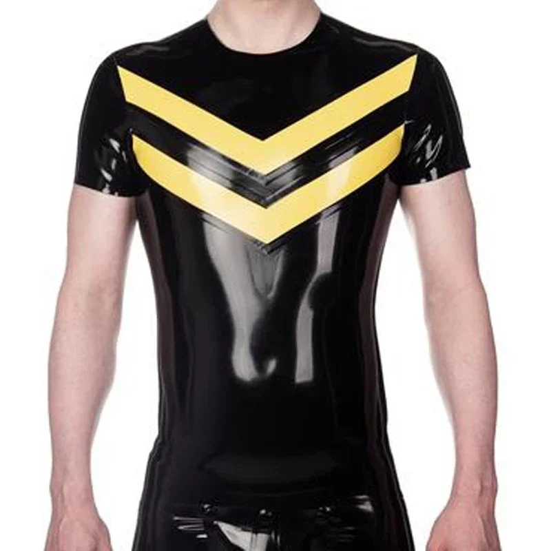 

Fashion Sexy Latex Rubber T Shirt Tops Black with White for Men