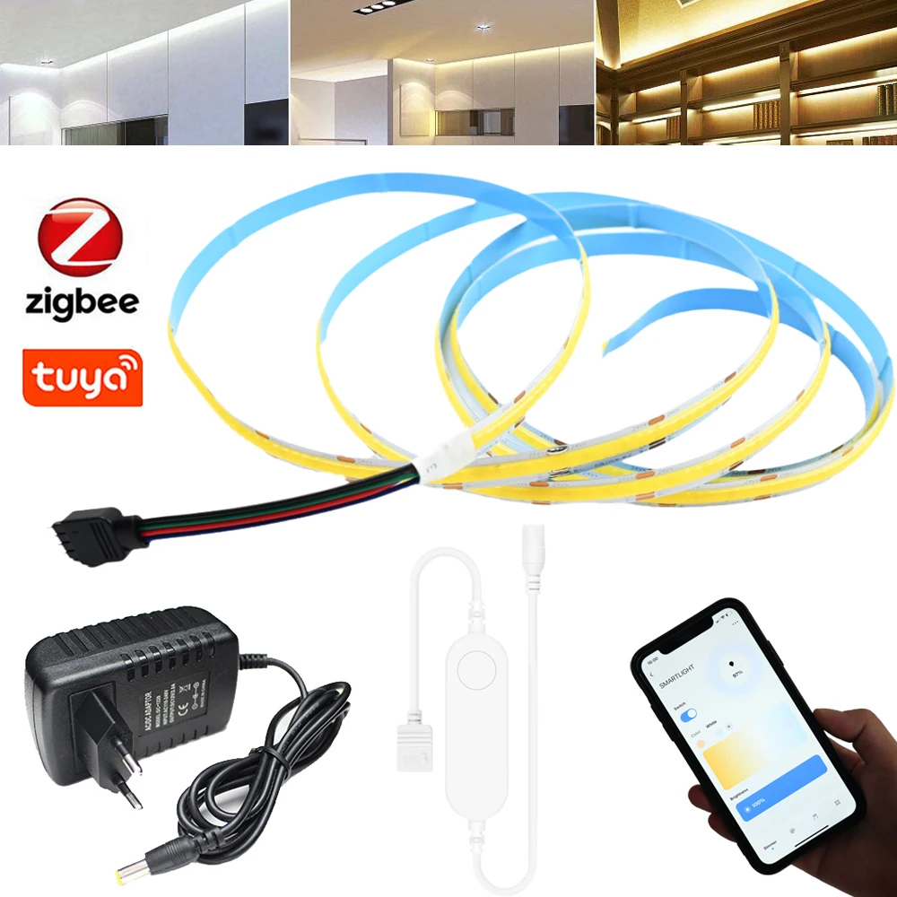 Tuya Zigbee 3.0 COB CCT LED Strip 12V 24V 1m 2m 3m 5m 10m Podwójne białe elastyczne ściemnialne światło Pełny zestaw dla Alexa Google Assistant