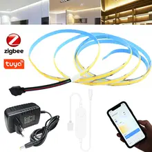 Tuya zigbee 3.0 cob cct tira conduzida 12v 24v 1m 2m 3m 5m 10m duplo branco flexível luz regulável kit completo para alexa google assistente