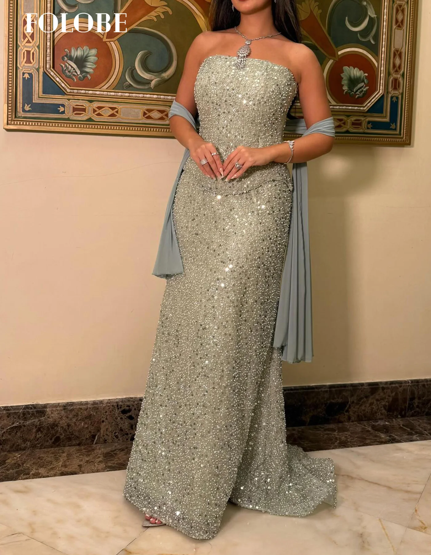 FOLOBE Luxe Saliegroen Pailletten Avondjurken Strapless Zeemeermin Parels Sjaal Prom Jassen voor Vrouwen Trouwjurk Aangepast