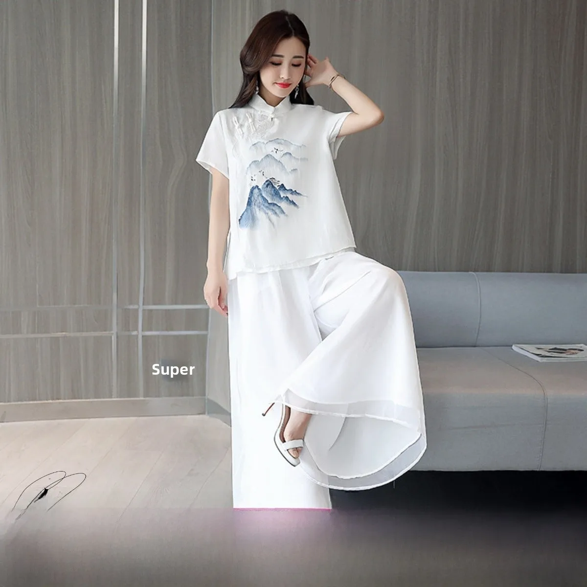 

New Chinese Style Water-Mark Print Oversize Women's Shirt with Stand Collar Short Sleeve Button Detail Casual Top Summer Wear