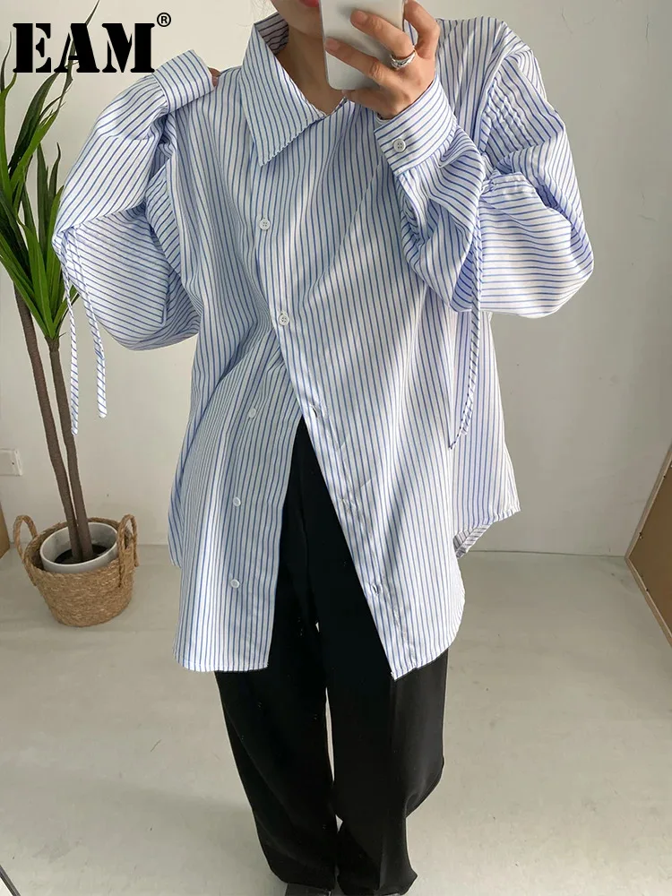 

[EAM] Women Blue Striped Irregular Big Size Blouse New Lapel Long Sleeve Loose Fit Shirt Fashion Tide Spring Autumn 2024 1DF0368