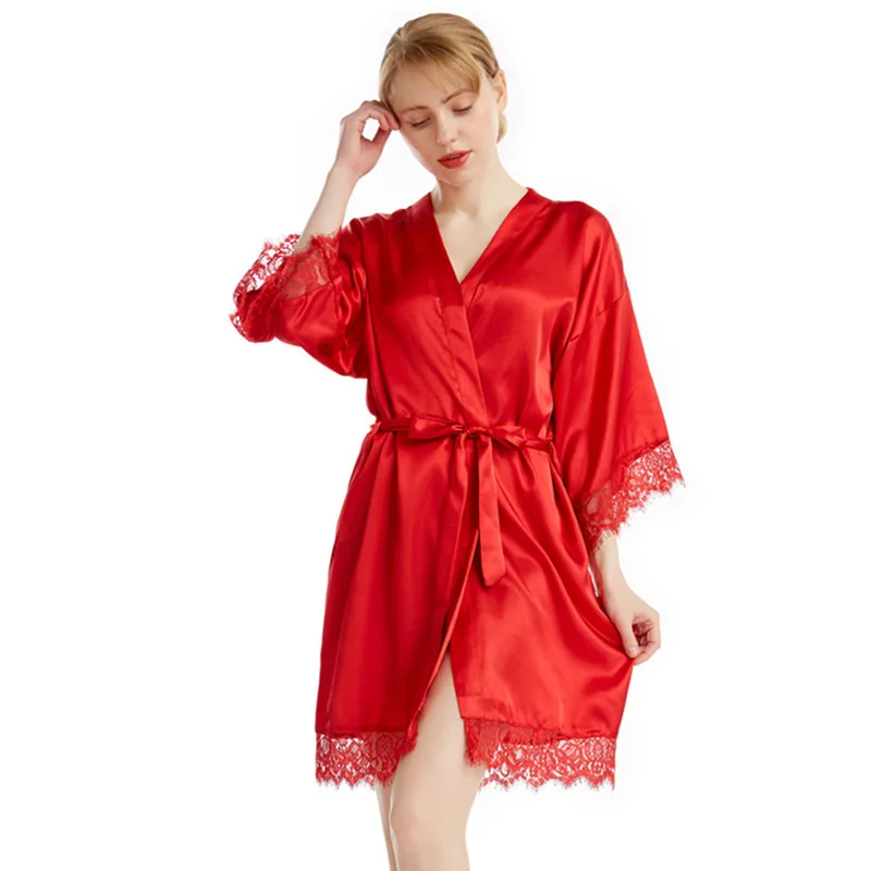 Three-quarter Sleeve Sexy Lace Solid Color Home Robe Bathrobe Summer Ladies Imitation Silk Cardigan Wedding Robe