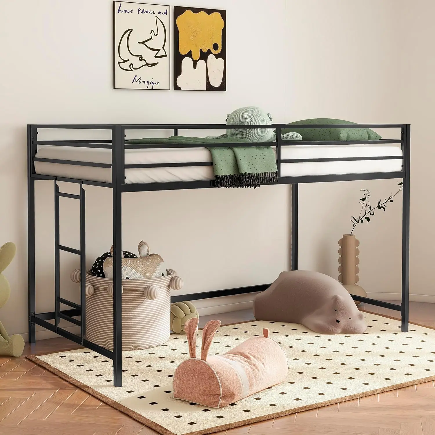 Twin Size Low Loft Bed For Kids,Metal Loft Bed Frame For Boys Girls,Kids Loft Bed Twin Size,Junior Low Loft Bed, Black