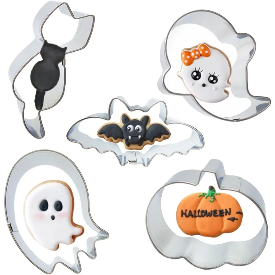 

5 шт., мини-формочки для печенья на Хэллоуин, размеры от 2,2 до 2,6, маленькие формы из нержавеющей стали, призрак, кошка, летучая мышь, тыква, праздничные формы для половины