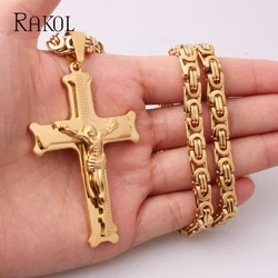 RAKOL Christian Crucifix Cross Chain Necklaces Stainless Steel Pendant Necklace for Men Punk Hip Hop Male Female Jewelry