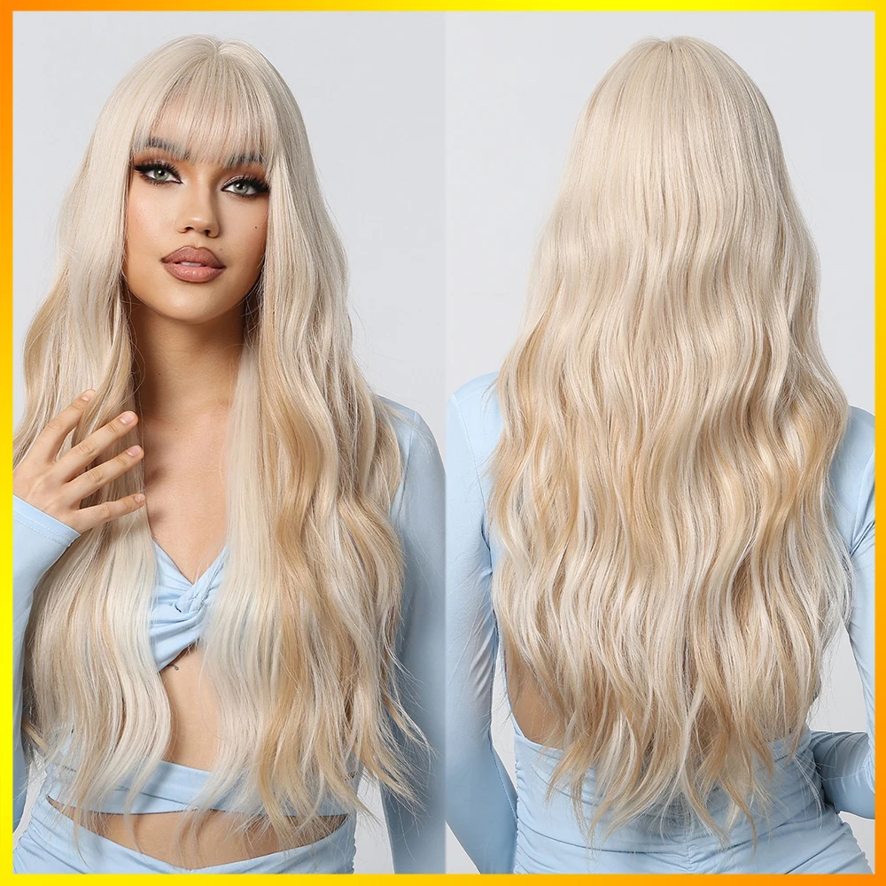 

Heat Resistant Natural Looking Hair Long Blonde Wave Wigs with Bangs Synthetic Mixed Wavy Curly Women Party Cosplay Daily Use