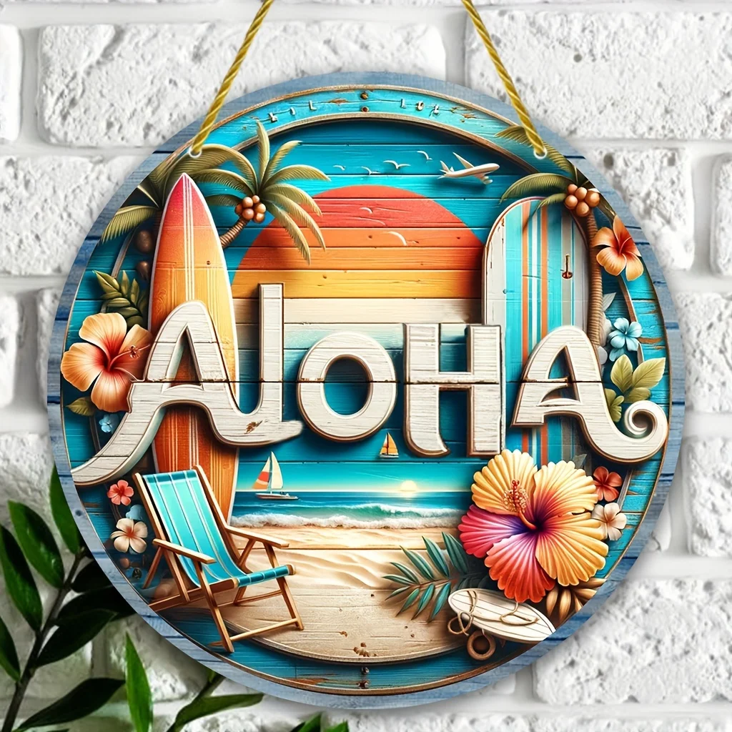 1 Aloha-Holzschild-Anhänger/runde Strand-Wandkunst mit Kranz, Willkommenshausnummer/20/8 cm, hawaiianische Gruß-Hängedekoration