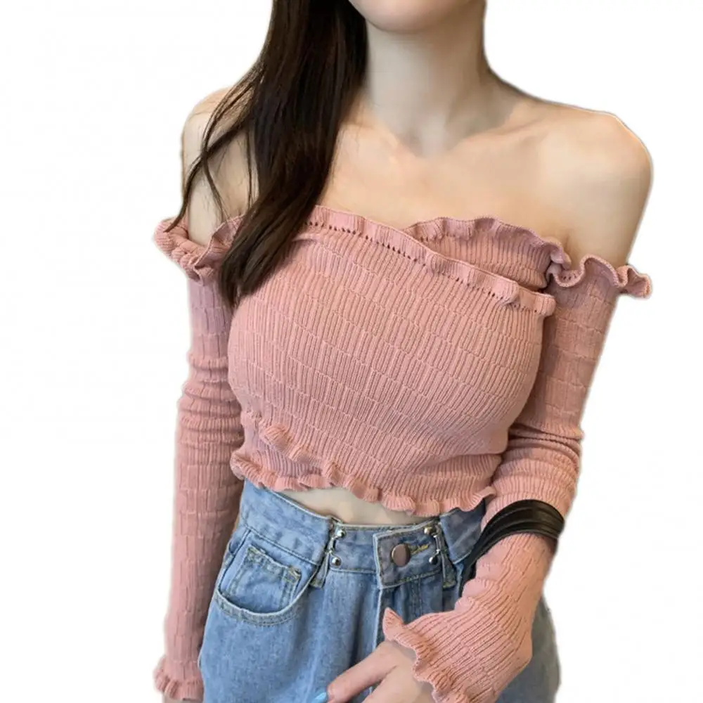 Korean Elegant Women Knitted Blouse Sexy Lace Neckline Off Shoulder Long Sleeve Crop Top Female Autumn Blouse