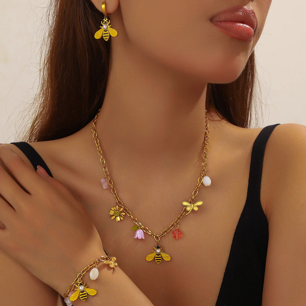 DIEYURO 316L Stainless Steel Flower Dragonfly Pearl Bee Pendant Necklace Lady New Fashion Trend Neck Chain Jewelry Party Gift